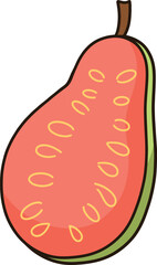 A cartoon of a red guava cut in half.