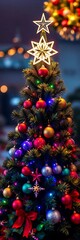 Festive evergreen adorned with colorful ornaments and a glowing star topper on a blurred background,  noel,  tree