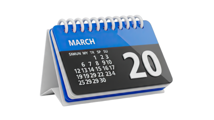 3D Desk Calendar Showing March 20 on transparent background