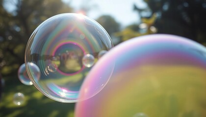 Giant iridescent soap bubbles floating outdoors, sunlight reflecting,  art,  close-up