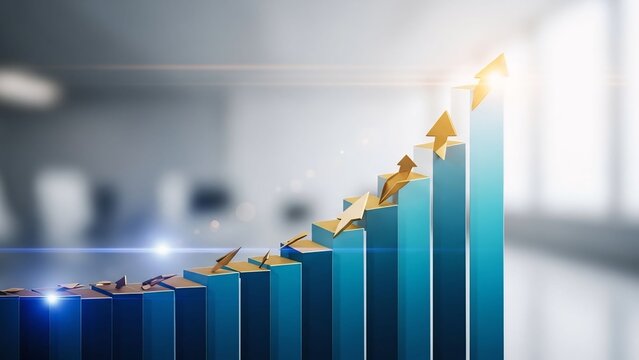 3D Financial Growth Bar Chart with Gold Coins and Rising Blue Columns for Business Success and Investment Portfolio Growth