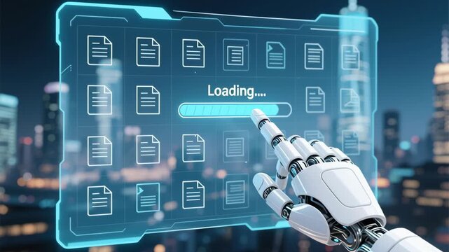 Data foundation quality. cloud based file storage, security protection, ai backup solutions business, futuristic robot hand interacting with loading interface touching holographic file
