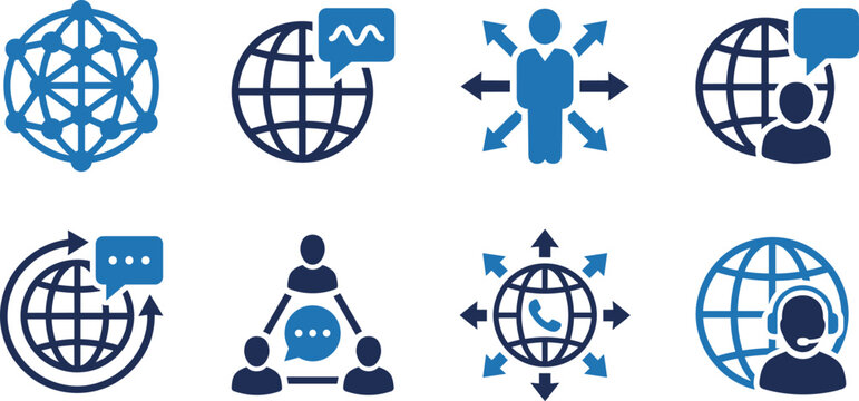 Global communication network icons, worldwide connectivity support concept, digital interaction symbols, customer service technology, flat vector illustration design - Powered by Adobe