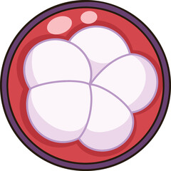 Cartoon of a purple mangosteen cut in half.