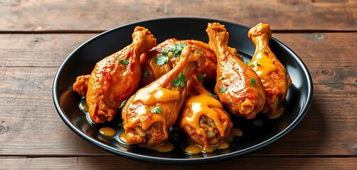 Honey mustard baked chicken wings and legs on a black plate with Indian spices on rustic wood,  cuisine,  entree