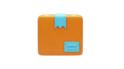 3D icon of an orange delivery box with blue details on transparent background