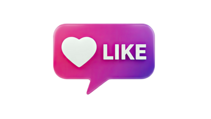 3D Like Button with Heart Icon and Speech Bubble on transparent background