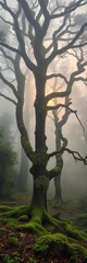 Misty dawn blankets a dense forest, ancient trees draped in lichen, creating a mystical, enchanted atmosphere,  woods,  mystical