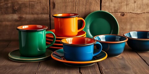 Vibrant enamel camping mugs, plates, bowls in forest green, burnt orange, and deep blue against a rustic wooden table,  outdoors,  shadow