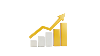 3D Golden Arrow Showing Upward Trend Over Bar Chart on transparent background