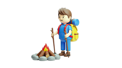 3D Cartoon boy with backpack and campfire on transparent background