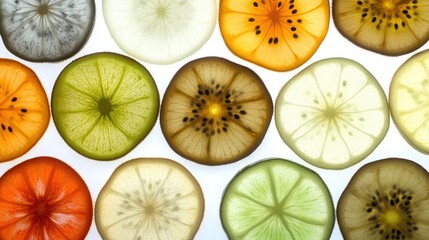 Exotic fruit slices arranged against a white background