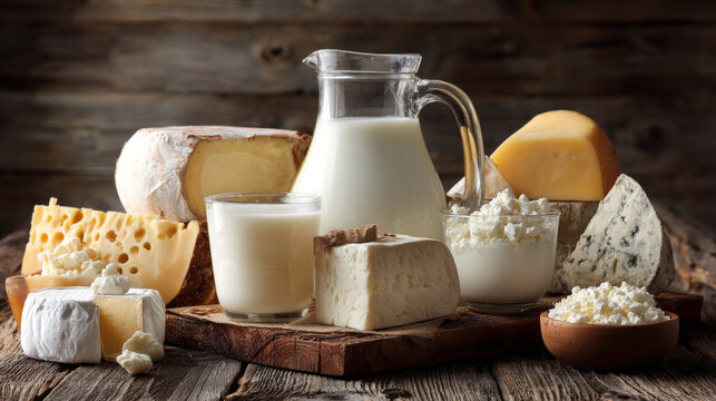 Assorted fresh cheeses including brie, blue cheese, cheddar, and semi-hard varieties displayed with a glass pitcher of milk on a rustic wooden table