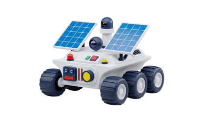 3D Cartoon Rover with Solar Panels and Cameras on transparent background