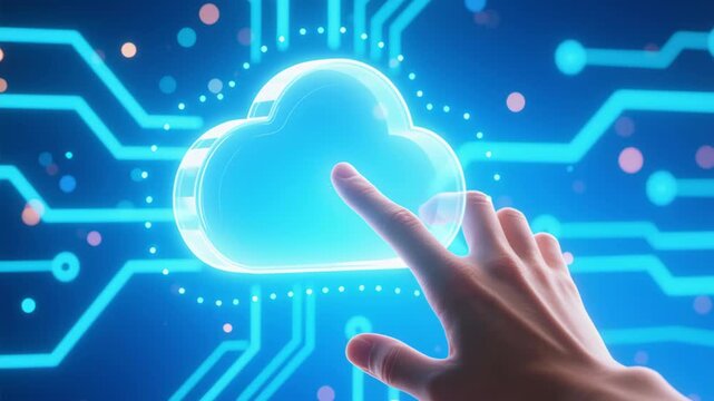 Data foundation quality. cloud based file storage, security protection, ai backup solutions business, connected digital cloud icon touched by hand glowing network interface conveying modern backup