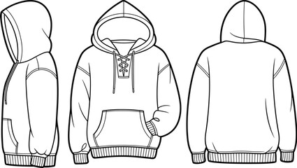 Hooded sweatshirt hoodie flat vector CAD drawing, front side back view, fashion apparel technical illustration design template outline