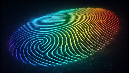 Vibrant high-resolution fingerprint pattern glowing with neon colors in digital security and biometric identification context