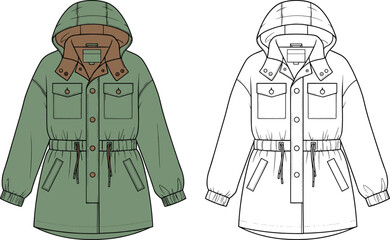 Hooded parka jacket flat vector CAD drawing, front view fashion outerwear illustration, technical apparel design template winter coat © SreePobitra