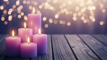 Tranquil ambiance illuminated by glowing purple candles set against soft bokeh lights and rustic