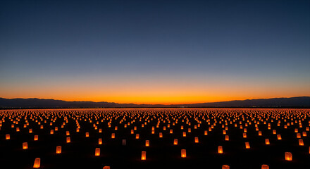 Fototapeta premium Fire pits and glowing lanterns dotting a desert festival, casting warm light against the night, Desert Firelight Festival, Mystical celebration