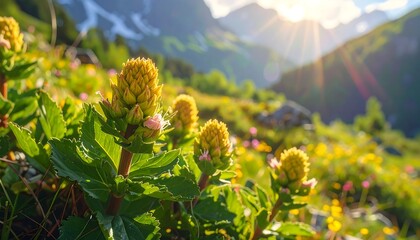 A close-up captures vibrant yellow flowers with lush green foliage, bathed in golden sunlight against a mountain backdrop