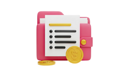 3D Finance Folder with Coins and List on transparent background