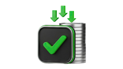 3D Stack of Coins with Checkmark and Download Arrows on transparent background