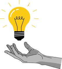 Minimalist vector illustration of a grey hand reaching up toward a bright yellow glowing light bulb for creative ideas.