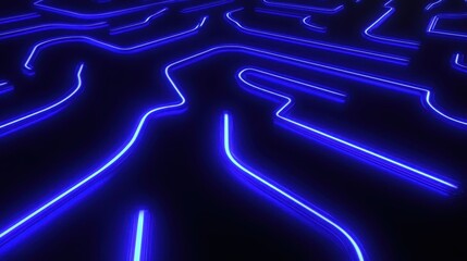 Intricate blue neon pathways of an electronic circuit board glowing in the dark abstract digital technology background