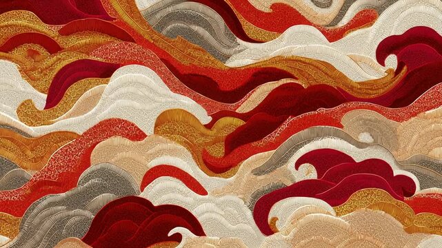 A colorful, textured piece of art with a wave pattern. The colors are red, white, and brown. Dragon dance fabric waves, rhythmic curves, red gold and neutral tones, clean background