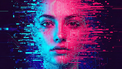 Abstract female face glowing with neon circuits and digital code, symbolizing artificial intelligence