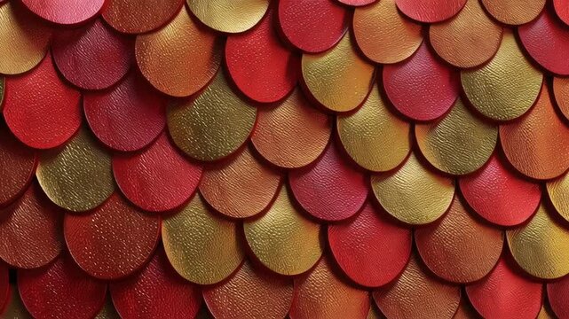 A close up of a red and gold leafy pattern. The pattern is made up of small circles and is very detailed. Dragon dance scales texture macro, metallic gold highlights, soft red gradients, premium look