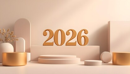 Elegant 2026 new year background with balanced abstract forms warm beige gold palette minimalist composition and refined celebratory luxury atmosphere