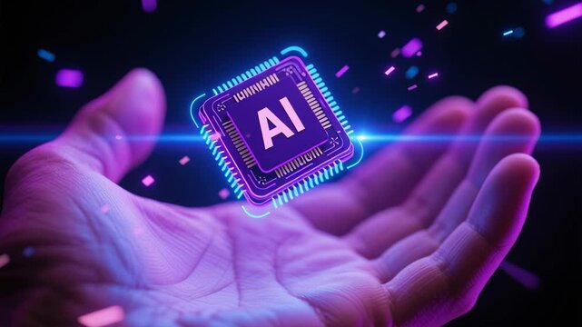 Data foundation quality. ai chip cloud based file storage security protection ai backup solutions business hand glowing futuristic microchip hovering above palm with neon glowing hologram technology