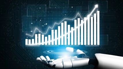 A futuristic robot hand presents an impressive digital growth chart, symbolizing technology innovation and data analysis. Perfect for business and finance themes. Copula