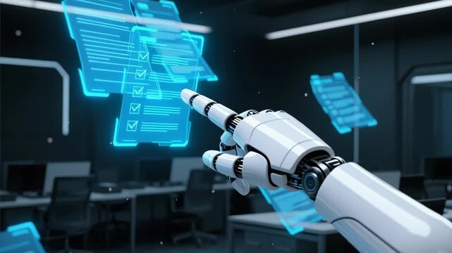 Data foundation quality. robot hand interacting with holographic file checklist cloud based storage security protection ai backup solutions for business efficiency and productivity futuristic office