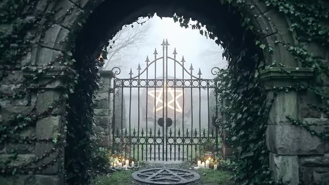 Overgrown ivy-clad stone archway with a weathered wrought-iron gate in a tranquil garden