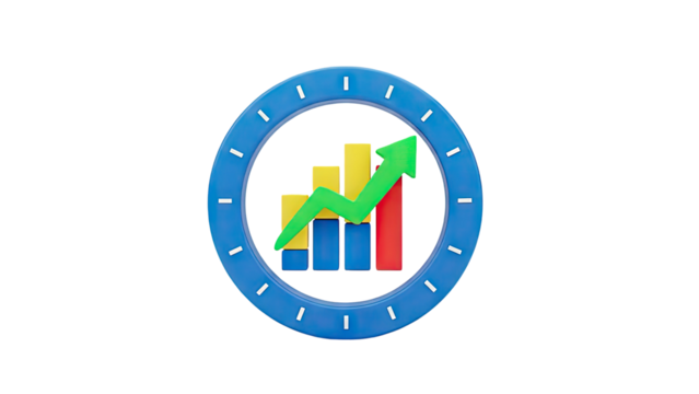 3D Growth Chart Inside Clock Ring Icon on transparent background - Powered by Adobe