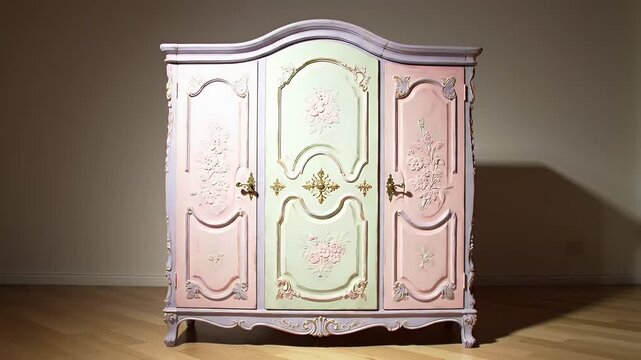Pastel Floral-Carved Triple-Door Ornate Armoire with Gold Trim and Curved Panels