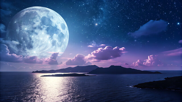 A massive full moon illuminates a starry night sky over tropical islands and ocean - Powered by Adobe