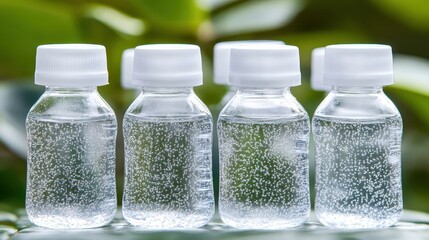 Small clear electrolyte solution bottles ready for consumption