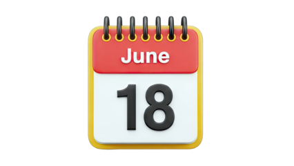 3D June 18th Calendar Date Reminder on transparent background