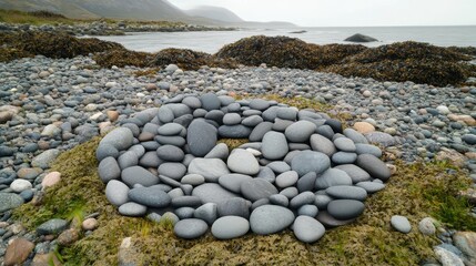Smooth grey pebbles stacked on a coastal beach with calm waters