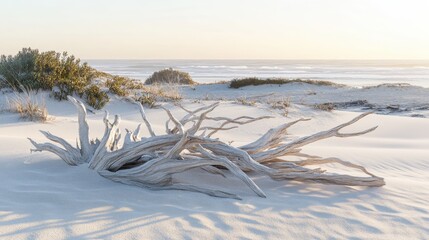Smooth sea worn driftwood branches artfully arranged on a sandy beach with gentle ocean waves and soft sky