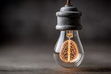 Hanging Light Bulb with Glowing Brain Inside on Dark Background idea concept