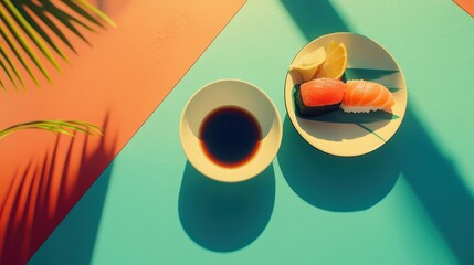 Sushi and soy sauce served on plates with bright lighting