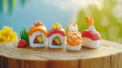 Sushi rolls arranged on a wooden board with bright lighting