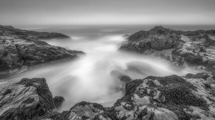 Swirling fog banks enveloping a dramatic rocky coastline meeting the vast ocean