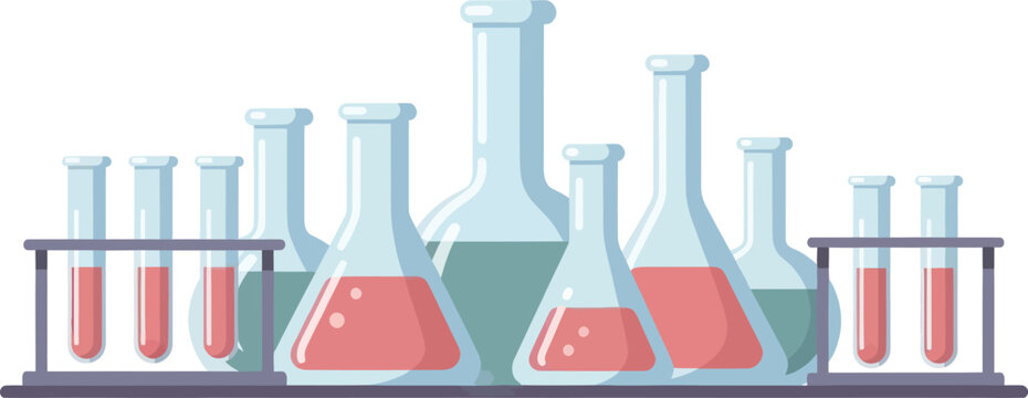 scientific laboratory glassware filled with colored liquids and test tubes for chemistry experiments