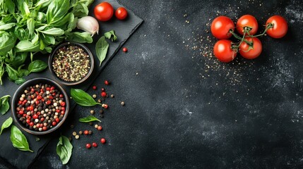 Tomatoes and Spices with Fresh Herbs on a Dark Slate Board